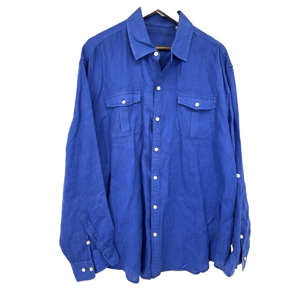 Caribbean Men's Long Sleeve Blue Linen Shirt XL lightweight